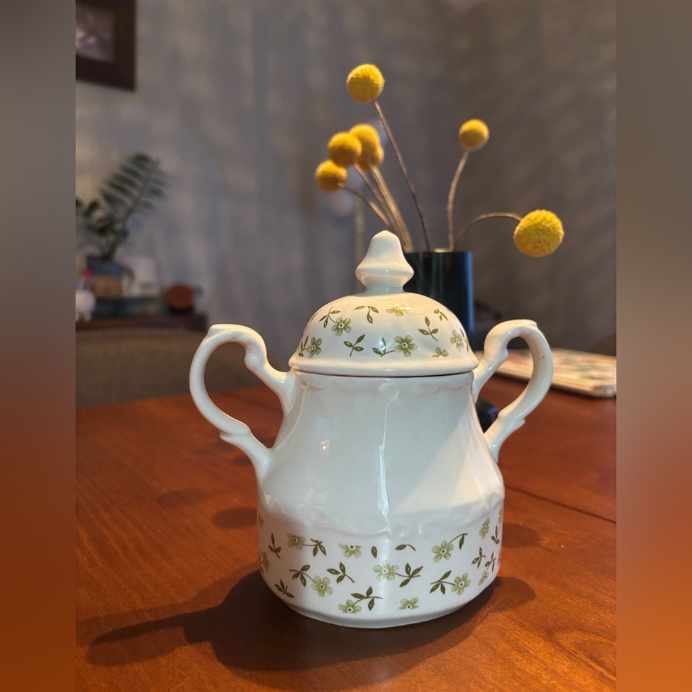 White and green floral sugar bowl with lid